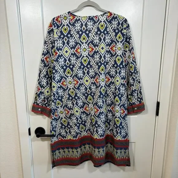 World Market Women L/XL Tunic Dress Embroidered Geometric Boho Tassel Aztec - Picture 3 of 7